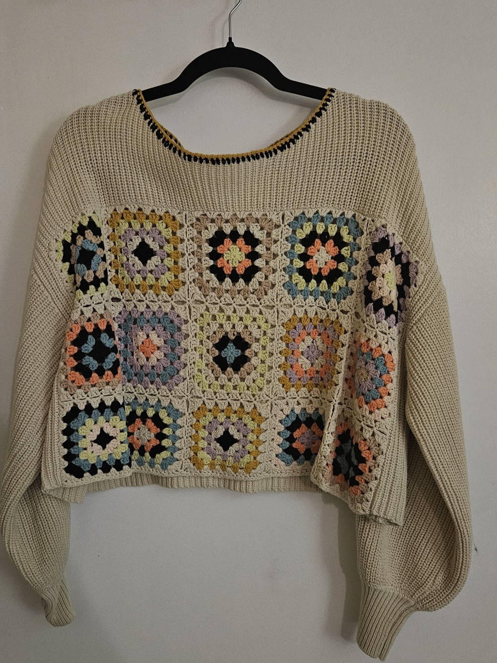 Pink Lily Beige Crochet Patchwork Crewneck Sweater with Multicolor Squares